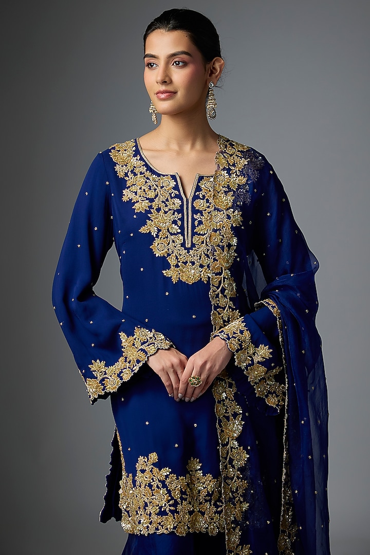 Blue Georgette Dabka Embroidered Bridal Sharara Set by Malasa at Pernia's Pop Up Shop