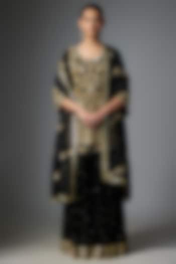 Black Georgette Dabka Embroidered Bridal Sharara Set by Malasa at Pernia's Pop Up Shop