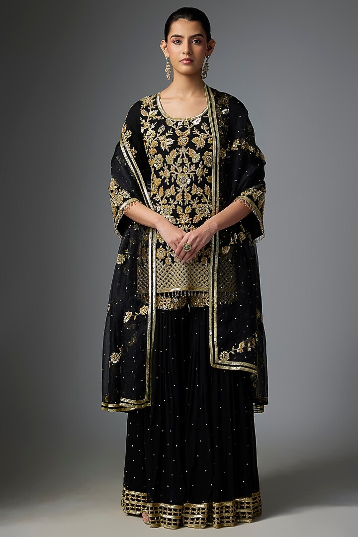 Black Georgette Dabka Embroidered Bridal Sharara Set by Malasa at Pernia's Pop Up Shop