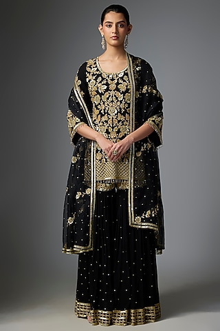 Black Georgette Dabka Embroidered Sharara Set by Malasa