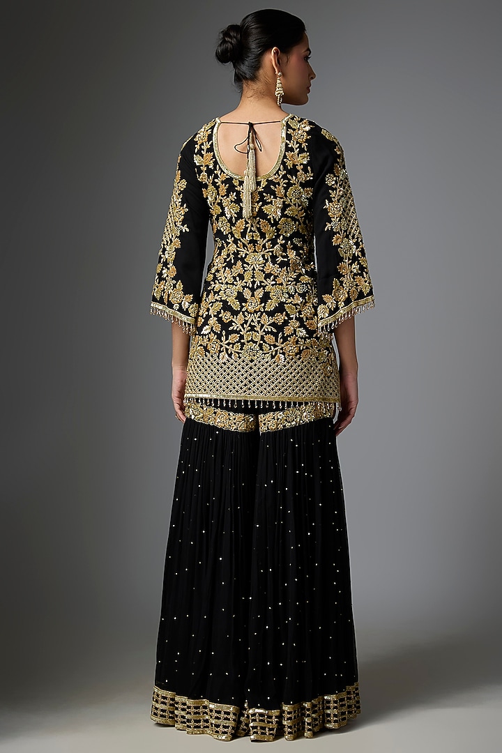 Black Georgette Dabka Embroidered Bridal Sharara Set by Malasa at Pernia's Pop Up Shop