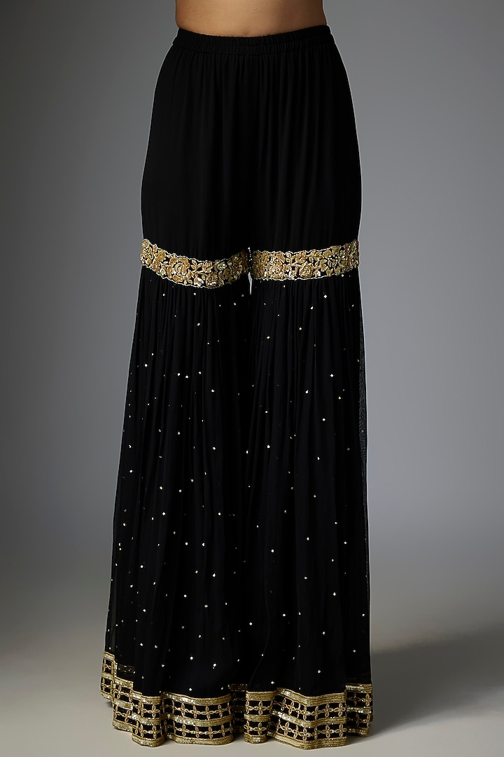 Black Georgette Dabka Embroidered Bridal Sharara Set by Malasa at Pernia's Pop Up Shop