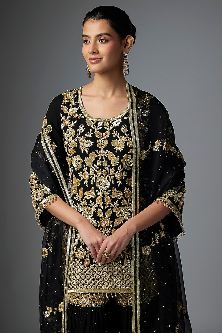 Black Georgette Dabka Embroidered Bridal Sharara Set by Malasa at Pernia's Pop Up Shop