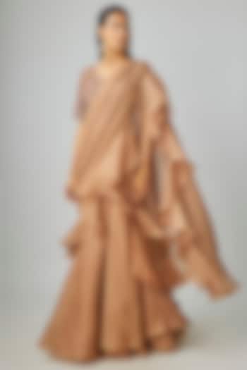 Champagne Organza Cutdana Embroidered Draped Wedding Saree Set by Malasa at Pernia's Pop Up Shop