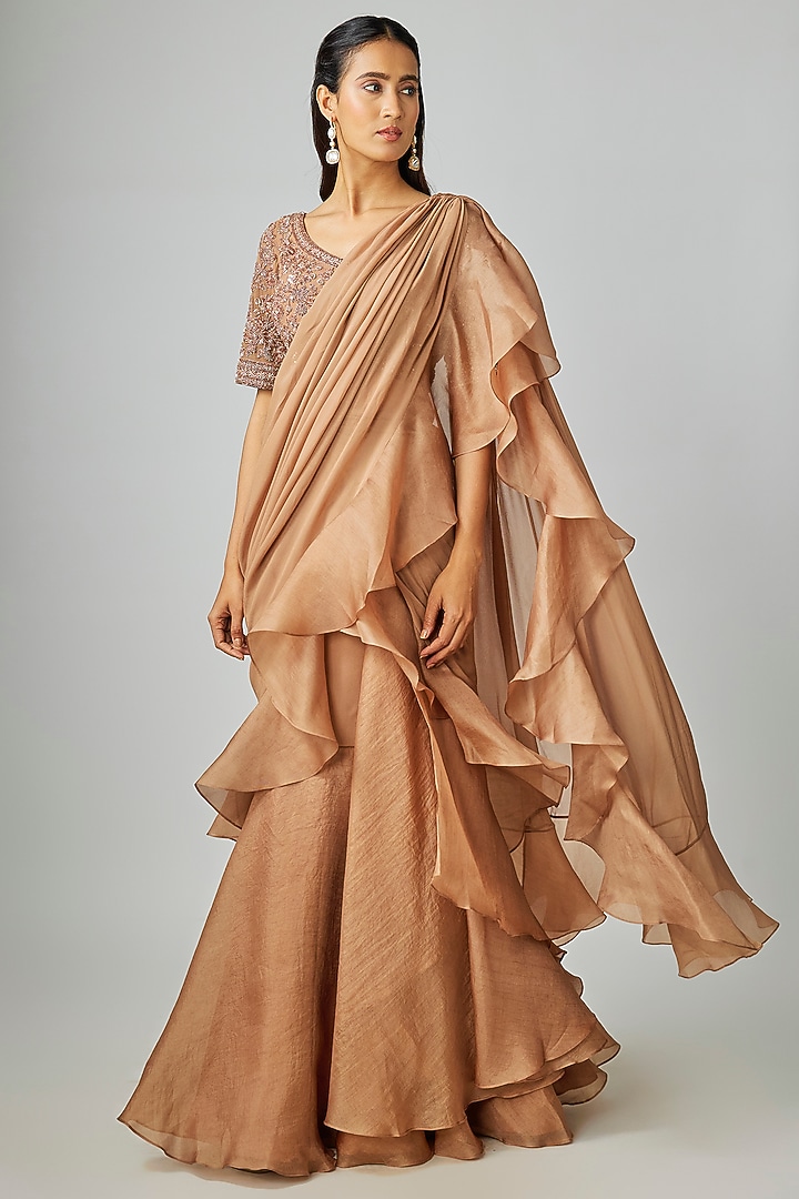Champagne Organza Cutdana Embroidered Draped Wedding Saree Set by Malasa at Pernia's Pop Up Shop