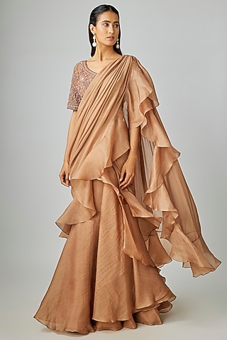 Champagne Organza Cutdana Embroidered Draped Saree Set by Malasa