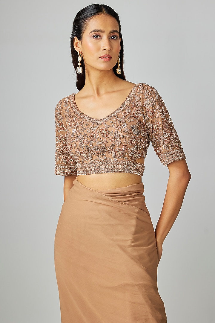 Champagne Organza Cutdana Embroidered Draped Wedding Saree Set by Malasa at Pernia's Pop Up Shop