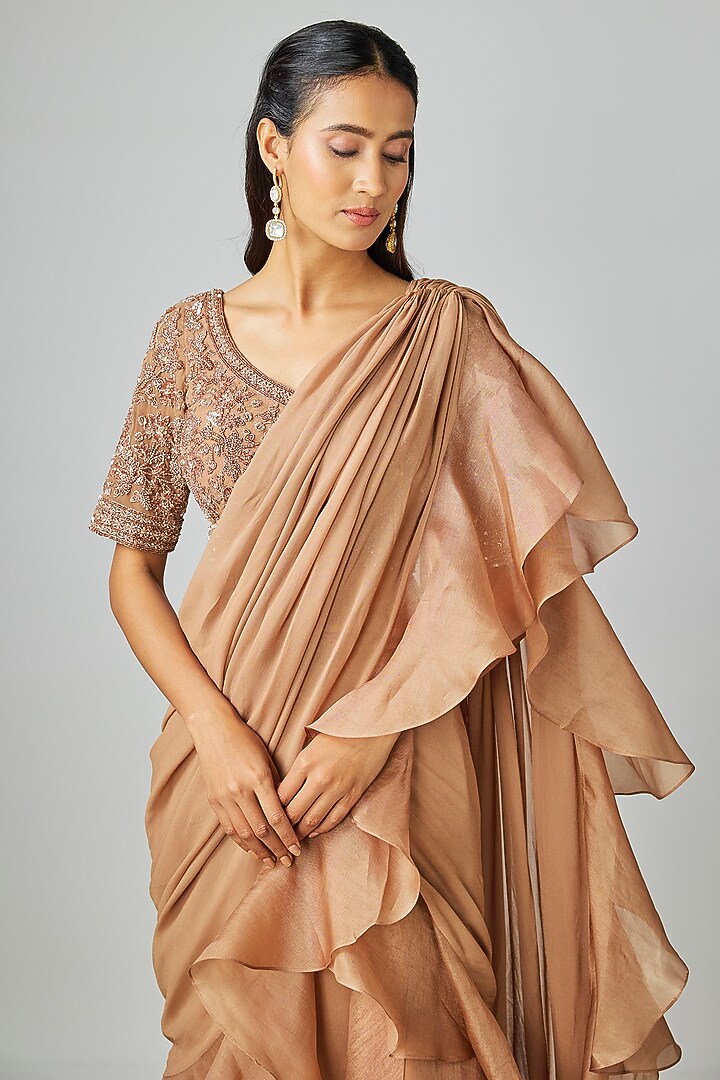 Champagne Organza Cutdana Embroidered Draped Wedding Saree Set by Malasa at Pernia's Pop Up Shop