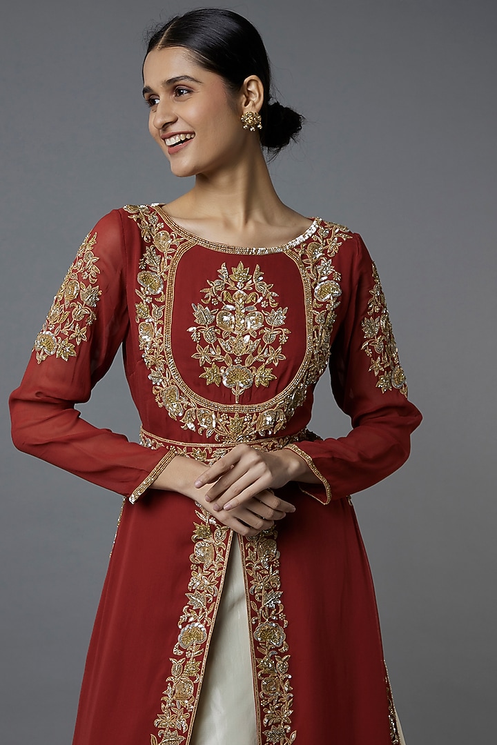 Red Embroidered Jacket Set by Malasa at Pernia's Pop Up Shop