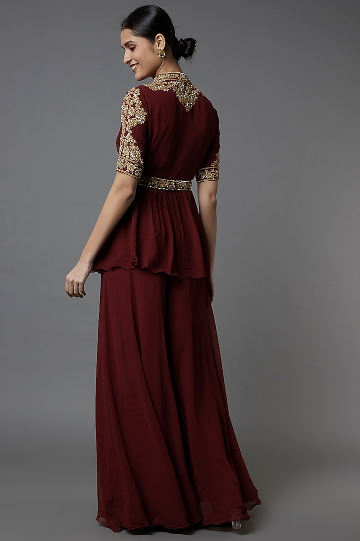 Maroon Georgette Wedding Sharara Set by Malasa at Pernia's Pop Up Shop