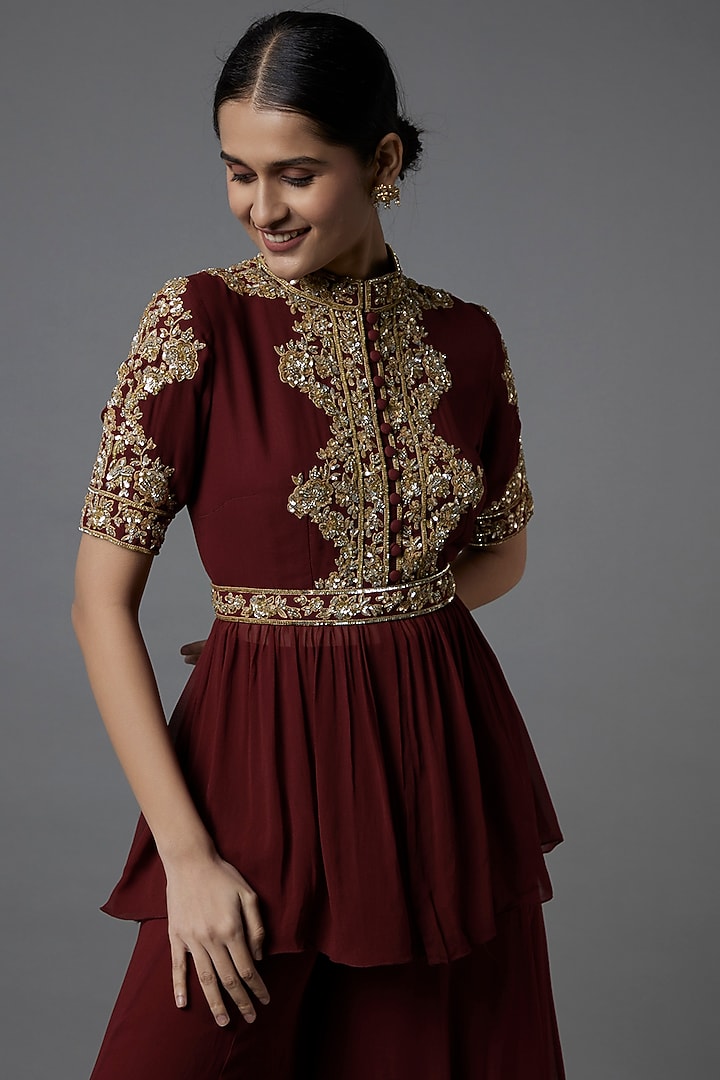 Maroon Georgette Wedding Sharara Set by Malasa at Pernia's Pop Up Shop