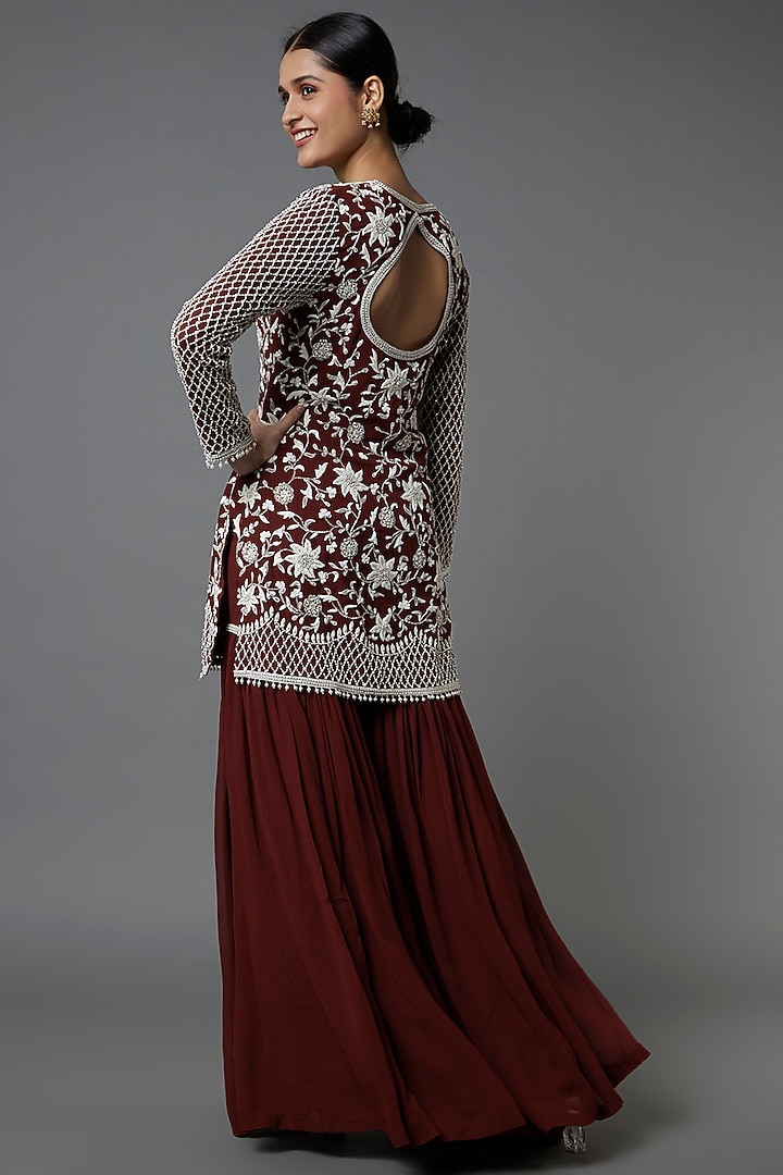 Maroon Georgette Wedding Sharara Set by Malasa at Pernia's Pop Up Shop