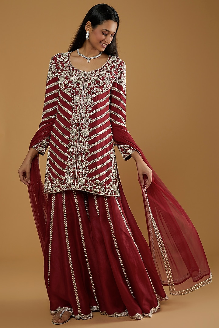 Red Organza Sharara Set by Malasa