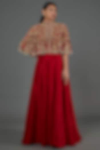 Red Silk Satin Skirt Set by Malasa