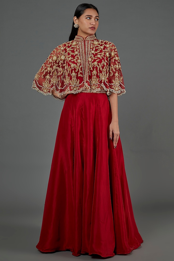 Red Silk Satin Skirt Set Design by Malasa at Pernia's Pop Up Shop 2023