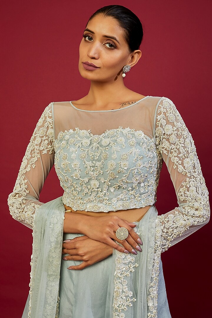 Blue Georgette Wedding Lehenga Set by Malasa at Pernia's Pop Up Shop