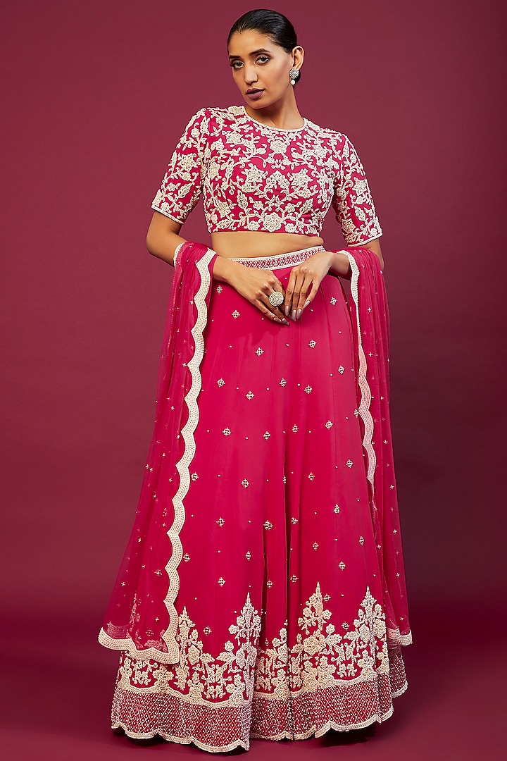 Red Georgette Embroidered Lehenga Set by Malasa