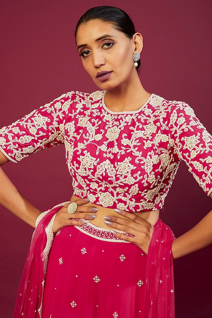 Red Georgette Embroidered Wedding Lehenga Set by Malasa at Pernia's Pop Up Shop