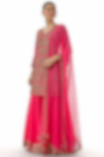 Hot Pink Organza Dabka Work Bridal Sharara Set by Malasa at Pernia's Pop Up Shop