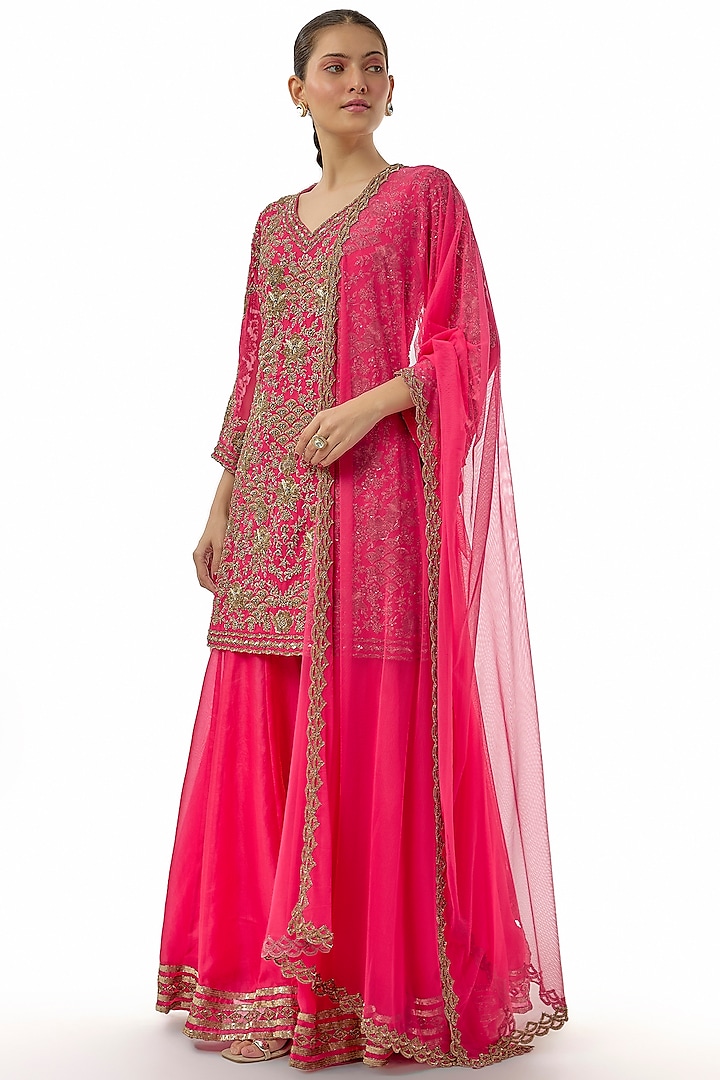Hot Pink Organza Dabka Work Bridal Sharara Set by Malasa at Pernia's Pop Up Shop