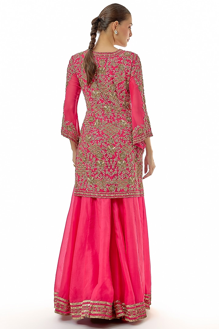 Hot Pink Organza Dabka Work Bridal Sharara Set by Malasa at Pernia's Pop Up Shop
