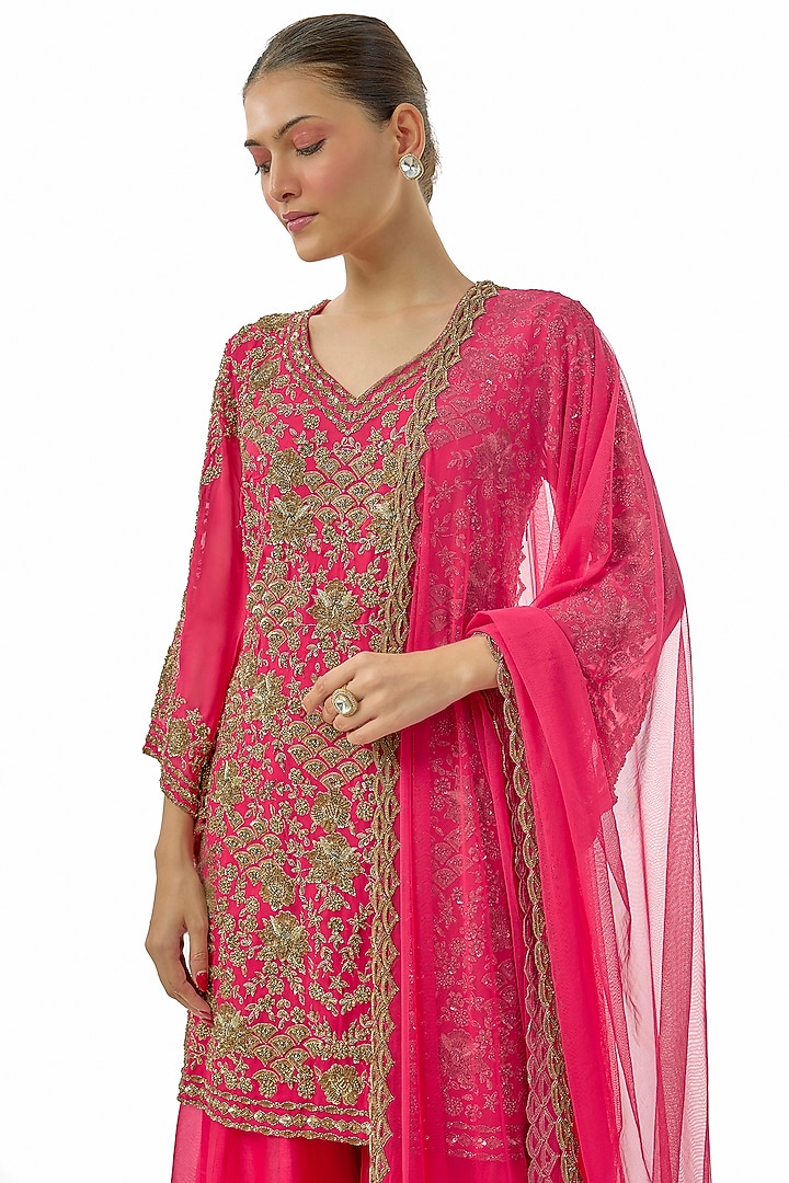 Hot Pink Organza Dabka Work Bridal Sharara Set by Malasa at Pernia's Pop Up Shop
