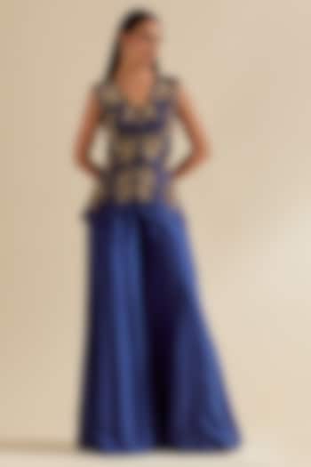 Blue Satin Silk Wedding Sharara Set by Malasa at Pernia's Pop Up Shop