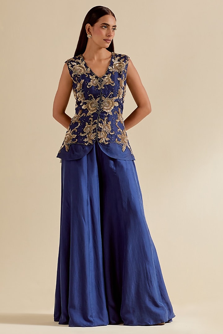 Blue Satin Silk Wedding Sharara Set by Malasa at Pernia's Pop Up Shop