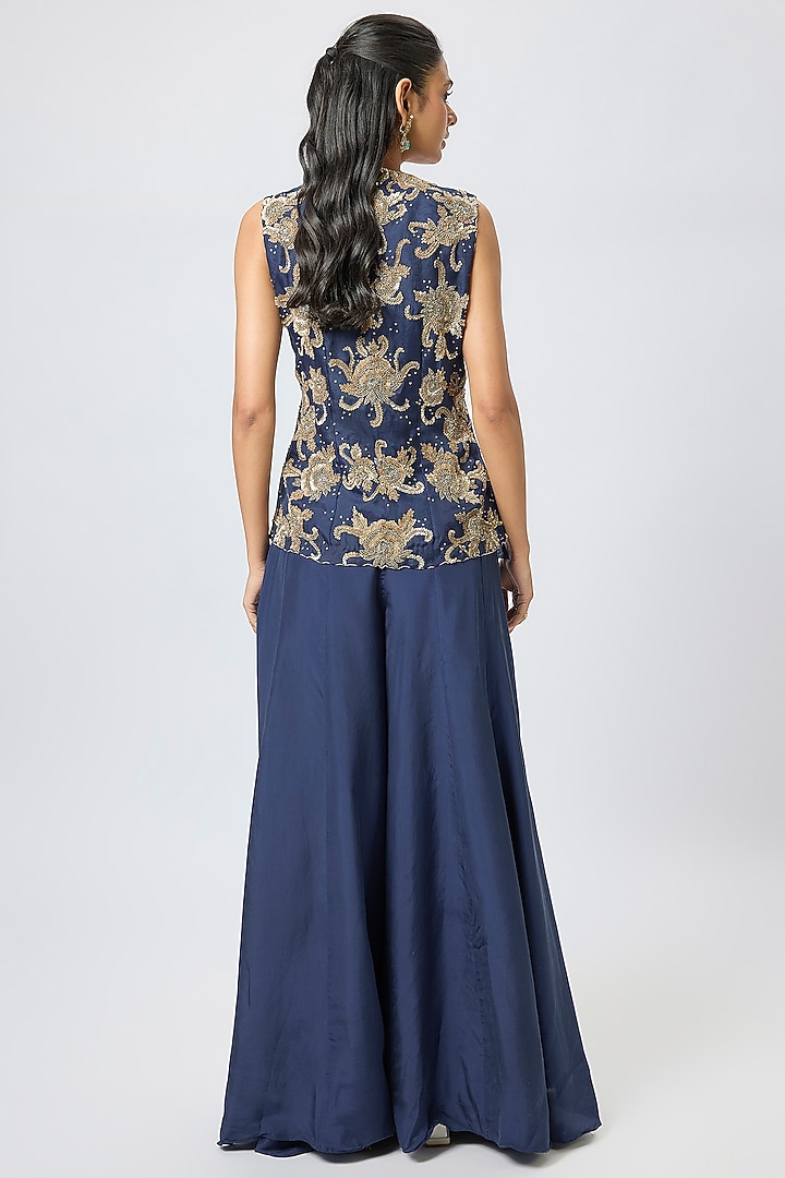 Blue Satin Silk Wedding Sharara Set by Malasa at Pernia's Pop Up Shop
