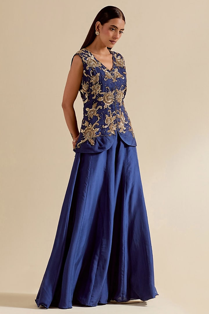 Blue Satin Silk Wedding Sharara Set by Malasa at Pernia's Pop Up Shop