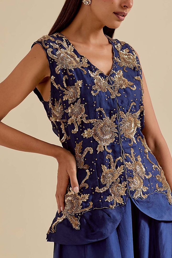 Blue Satin Silk Wedding Sharara Set by Malasa at Pernia's Pop Up Shop