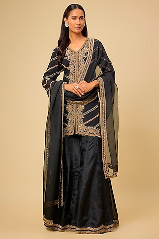 Black Organza Cutdana Work Sharara Set by Malasa
