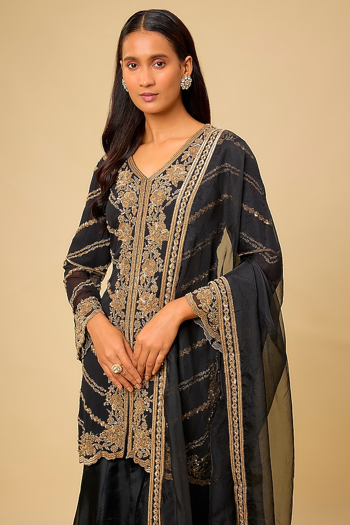 Black Organza Cutdana Work Bridal Sharara Set by Malasa at Pernia's Pop Up Shop