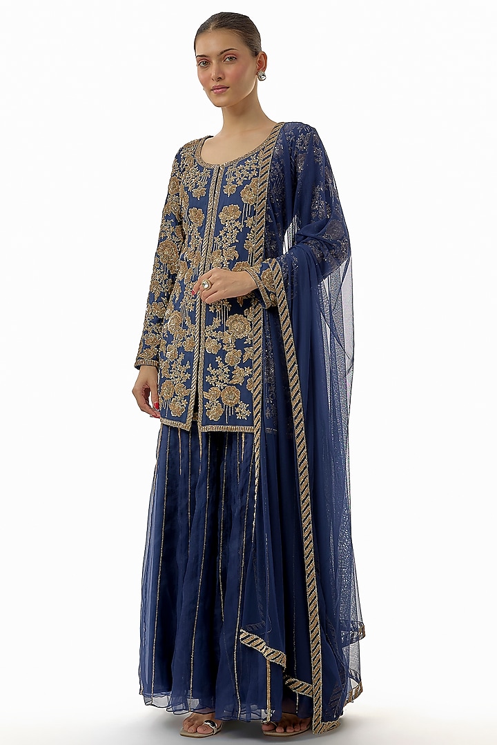 Blue Organza Dabka Work Bridal Sharara Set by Malasa at Pernia's Pop Up Shop