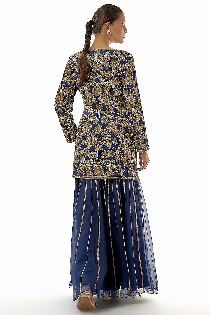 Blue Organza Dabka Work Bridal Sharara Set by Malasa at Pernia's Pop Up Shop