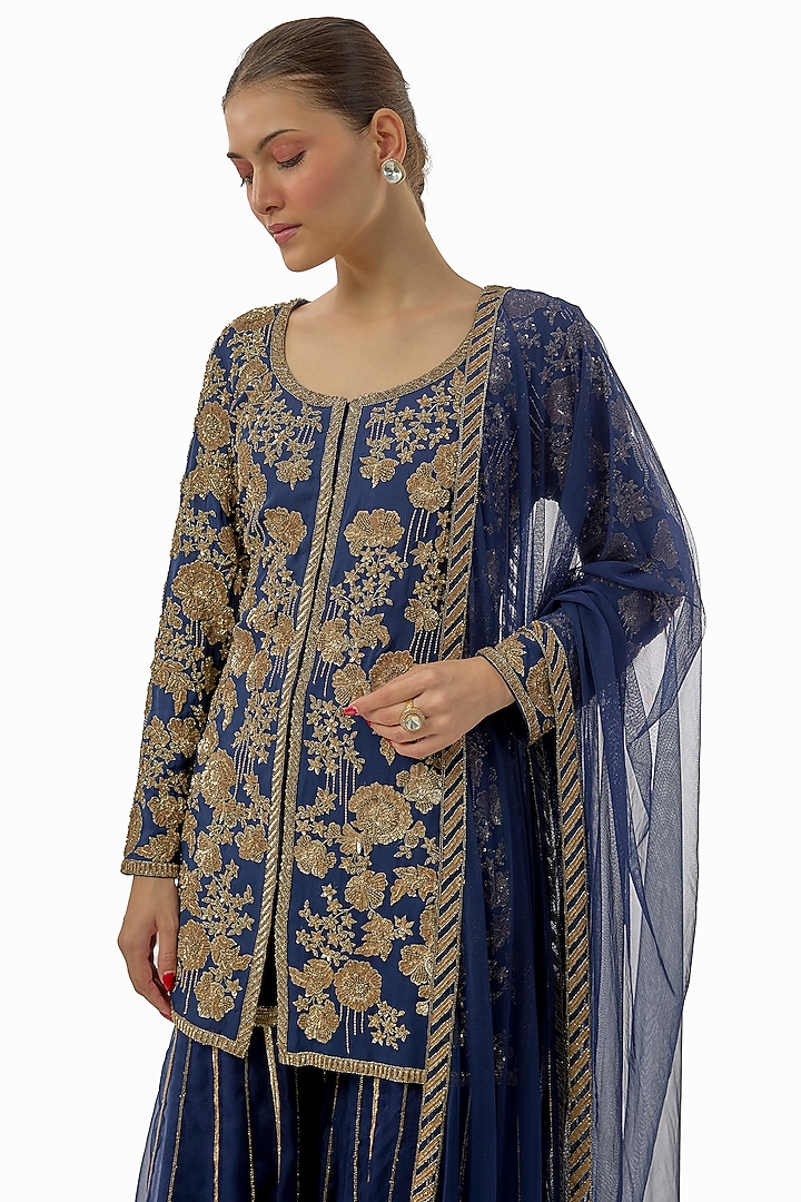 Blue Organza Dabka Work Bridal Sharara Set by Malasa at Pernia's Pop Up Shop