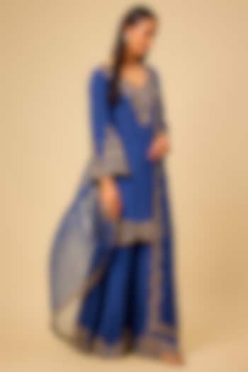 Blue Satin Silk Cutdana Work Wedding Sharara Set by Malasa at Pernia's Pop Up Shop