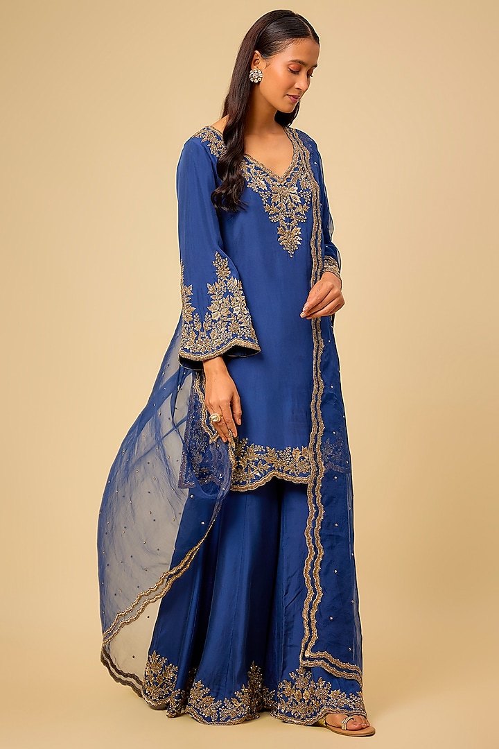 Blue Satin Silk Cutdana Work Wedding Sharara Set by Malasa at Pernia's Pop Up Shop