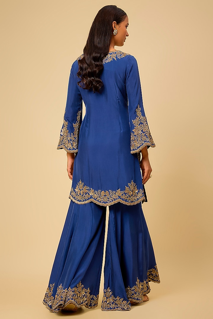 Blue Satin Silk Cutdana Work Bridal Sharara Set by Malasa at Pernia's Pop Up Shop