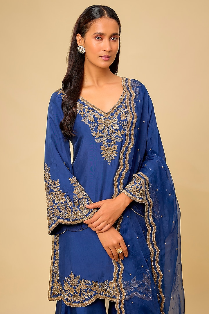 Blue Satin Silk Cutdana Work Bridal Sharara Set by Malasa at Pernia's Pop Up Shop