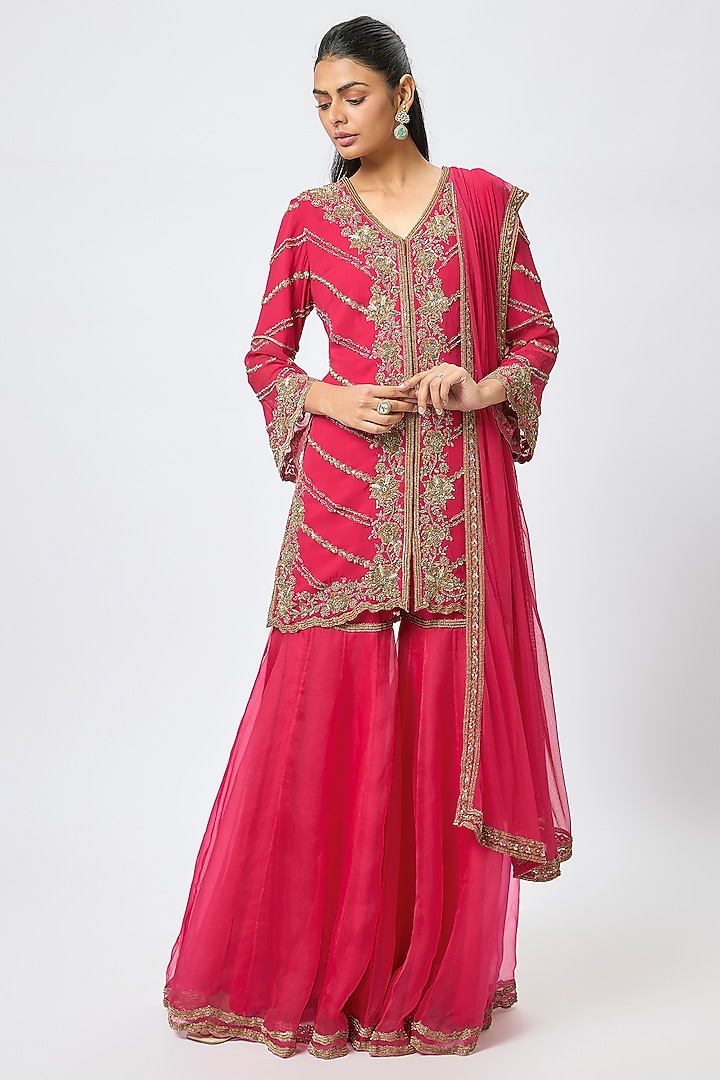 Hot Pink Organza Bridal Sharara Set by Malasa at Pernia's Pop Up Shop