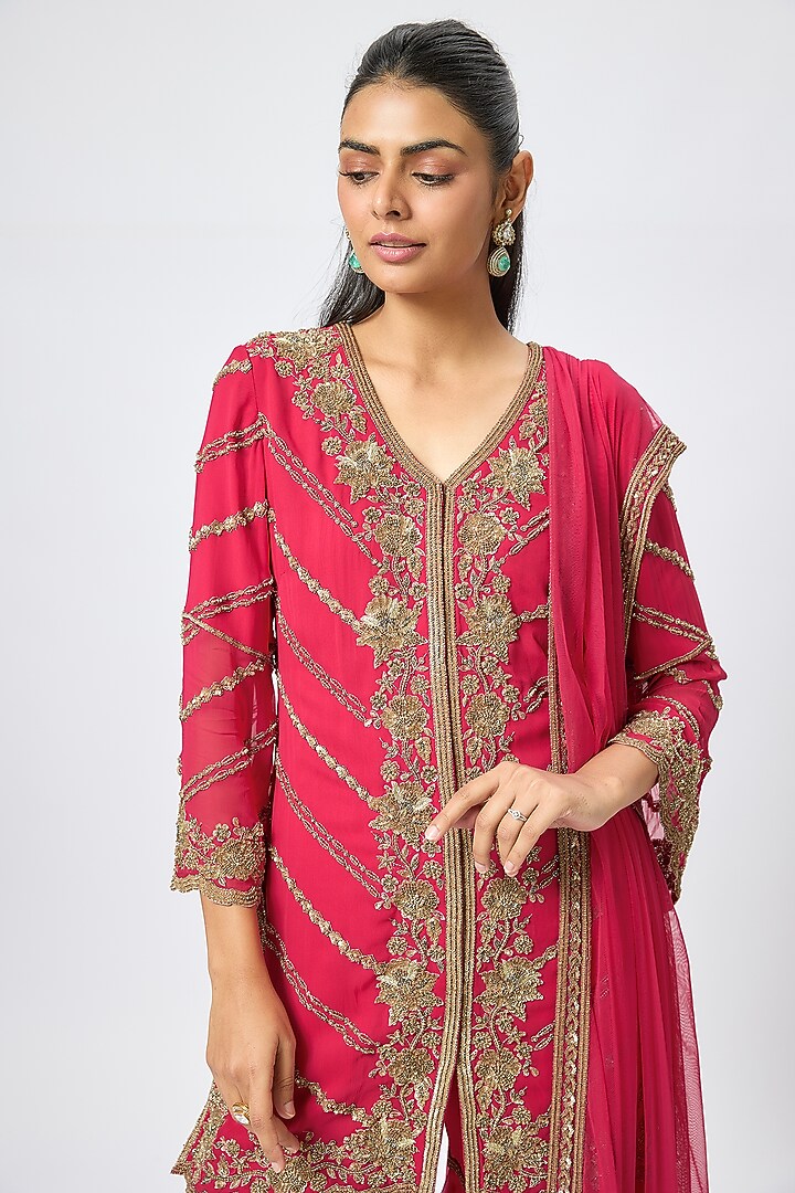 Hot Pink Organza Bridal Sharara Set by Malasa at Pernia's Pop Up Shop