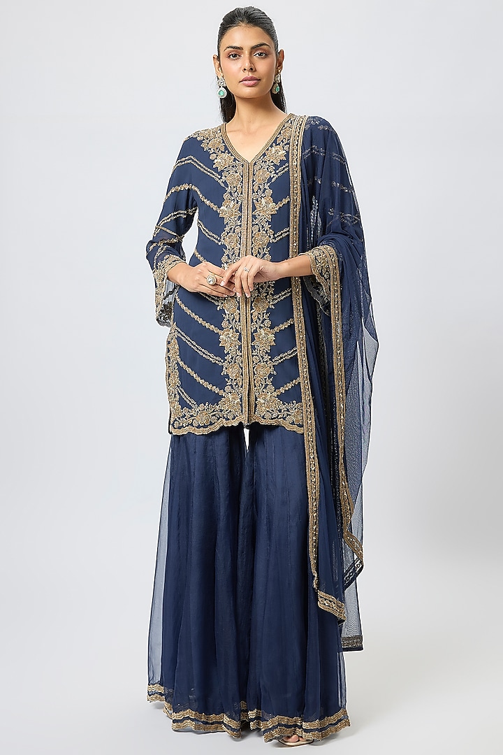 Blue Organza Bridal Sharara Set by Malasa at Pernia's Pop Up Shop