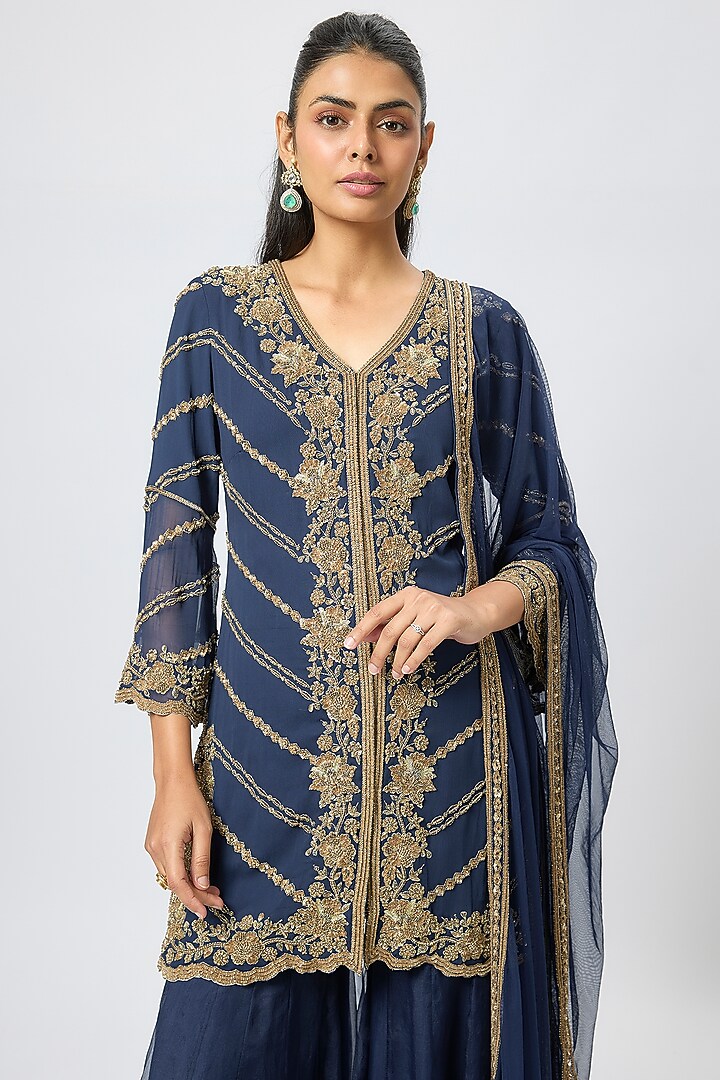 Blue Organza Bridal Sharara Set by Malasa at Pernia's Pop Up Shop