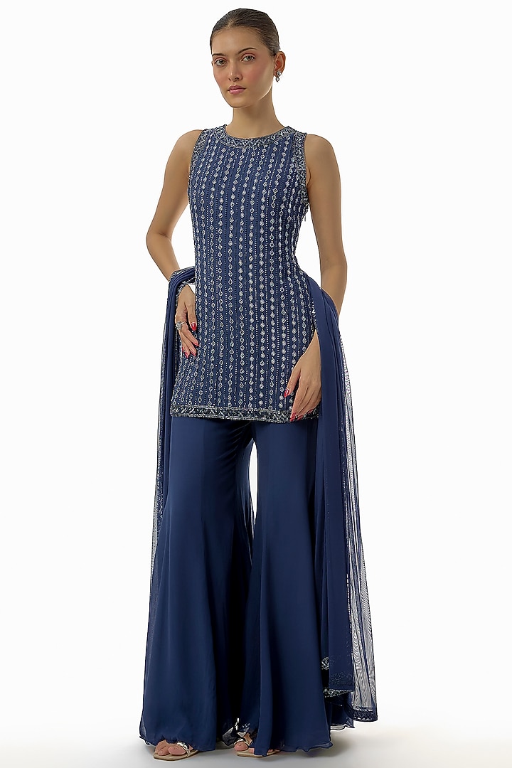 Blue Georgette Cutdana Work Wedding Sharara Set by Malasa at Pernia's Pop Up Shop