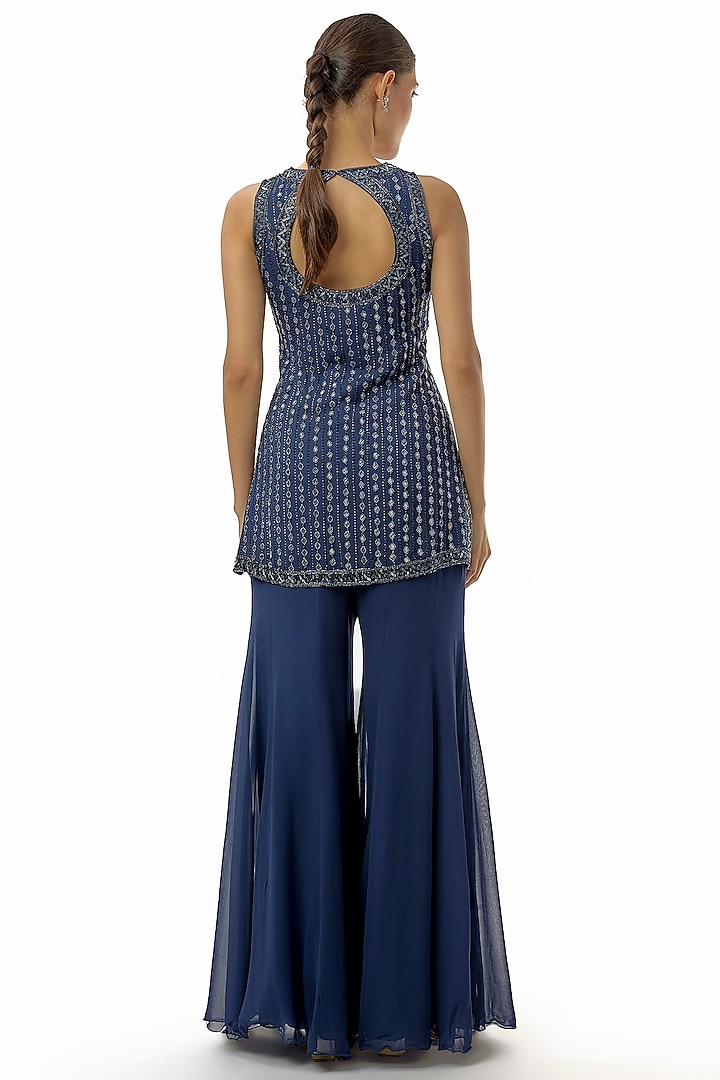 Blue Georgette Cutdana Work Wedding Sharara Set by Malasa at Pernia's Pop Up Shop