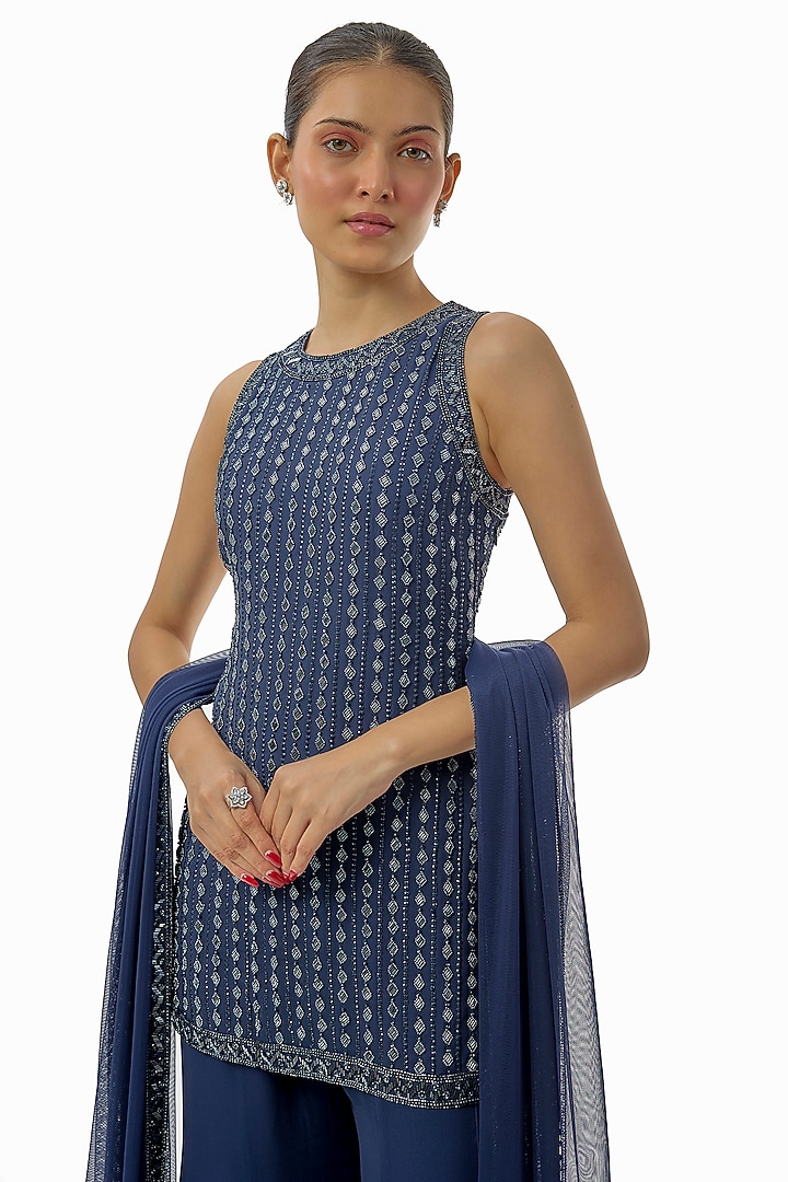 Blue Georgette Cutdana Work Wedding Sharara Set by Malasa at Pernia's Pop Up Shop