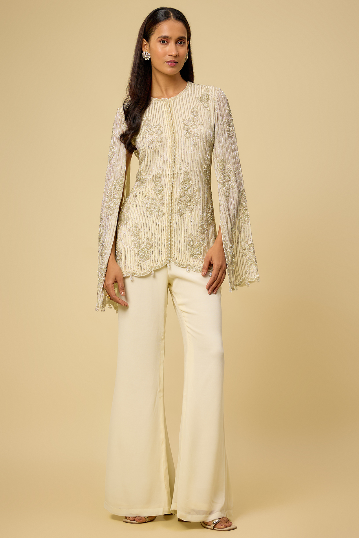 Cream Georgette Cutdana Work Jacket Set by Malasa at Pernia's Pop Up Shop