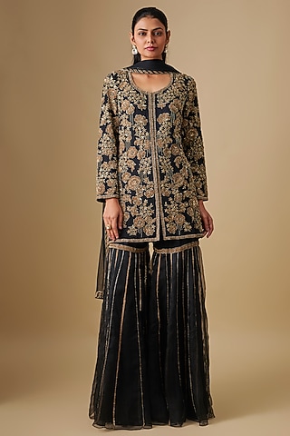 Black Organza Sharara Set by Malasa