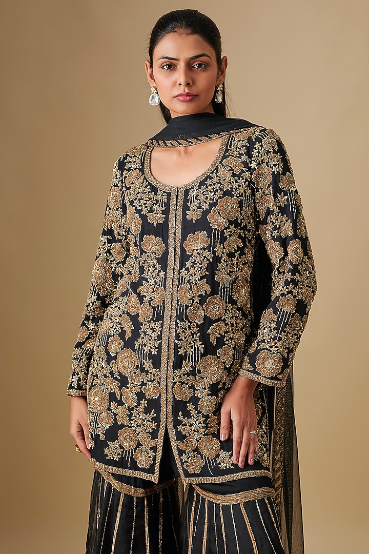 Black Organza Bridal Sharara Set by Malasa at Pernia's Pop Up Shop